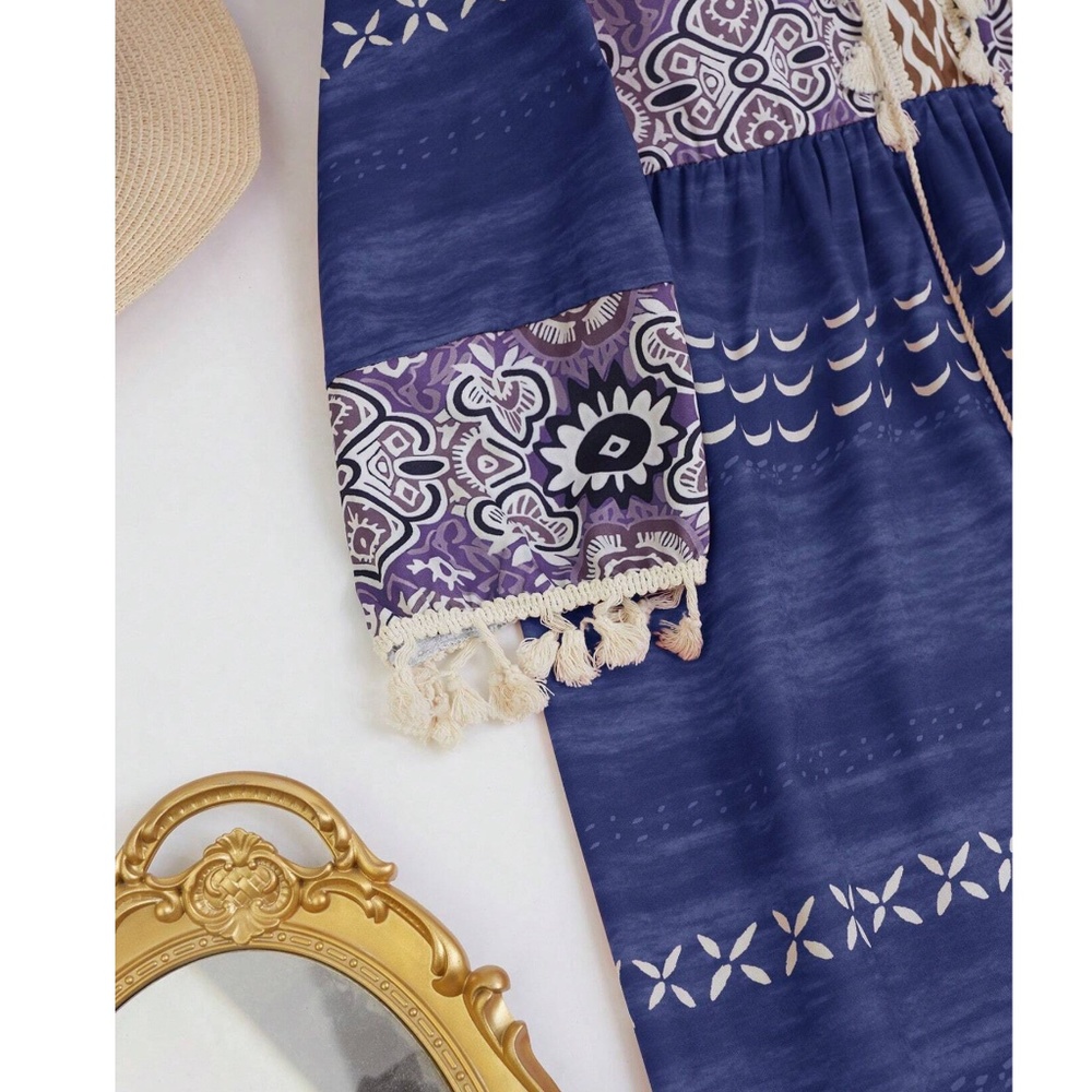 06 Boho Notched Neck Tassel 3/4 sleeve Mini Dress - Picture 5 of 6
